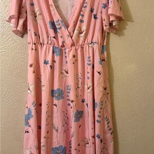 Pink Floral V-Neck Maxi Dress • Size 2X • Flowing Short Sleeve Sundress